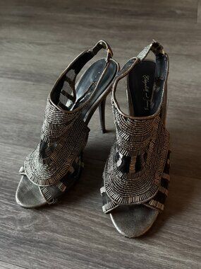 Elizabeth And James | Vintage Beaded Silver Open Toe High Heel Sandal | Size 38